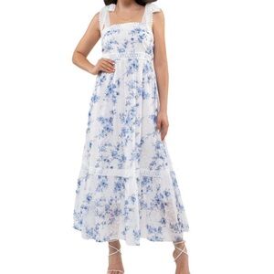 FLORAL TIE STRAP EMPIRE WAIST MAXI DRESS IN BLUE MULTI